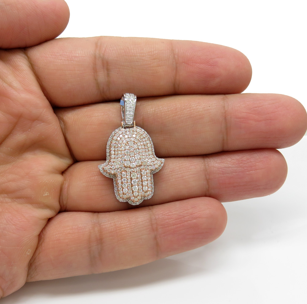 14k two tone gold vs diamond double layered hamsa pendant 2.23ct