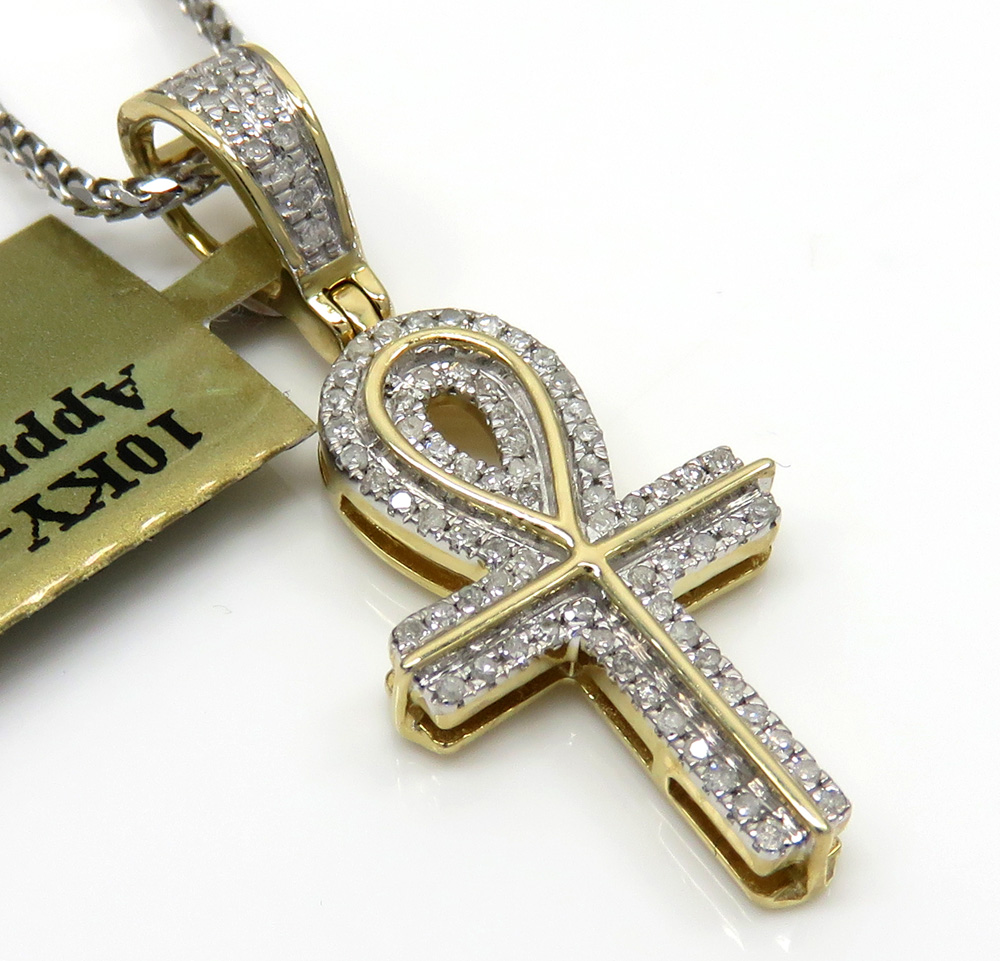 10k yellow gold small diamond ankh pendant 0.18 ct with 18-24