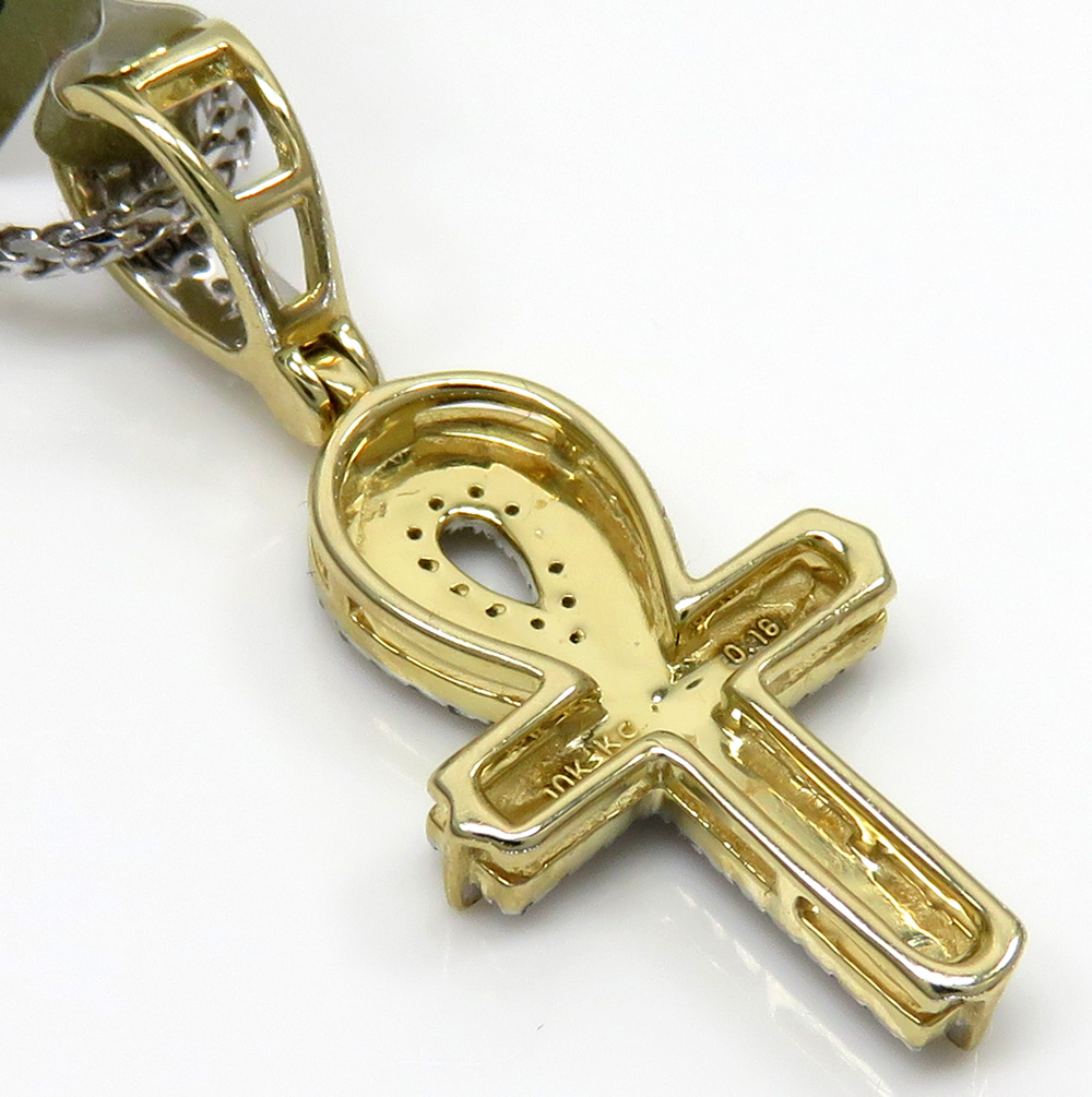 10k yellow gold small diamond ankh pendant 0.18 ct with 18-24