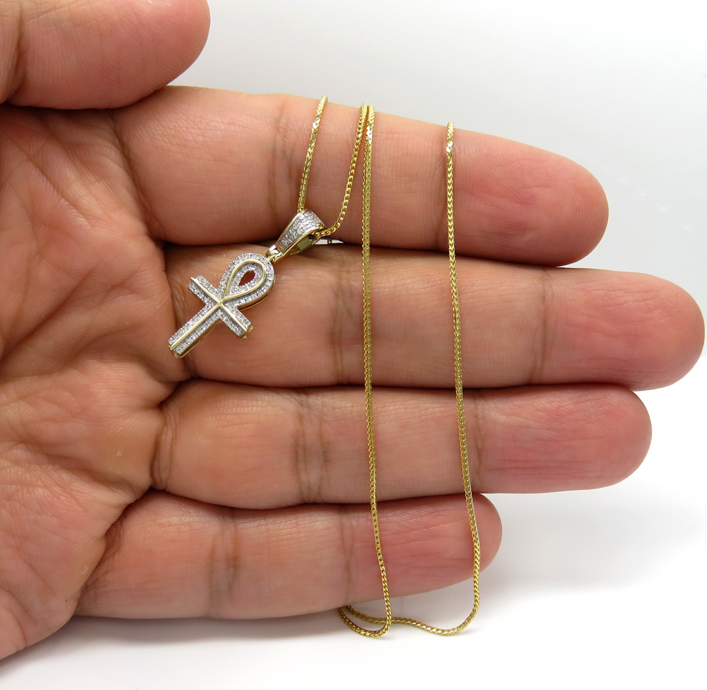 10k yellow gold small diamond ankh pendant 0.18 ct with 18-24