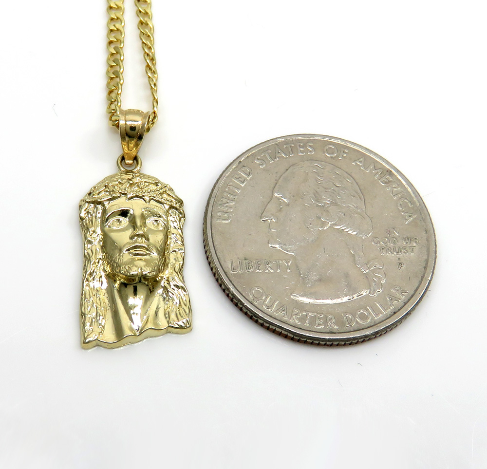 10k yellow gold small classic jesus pendant with 16-22 inch 2mm cuban chain