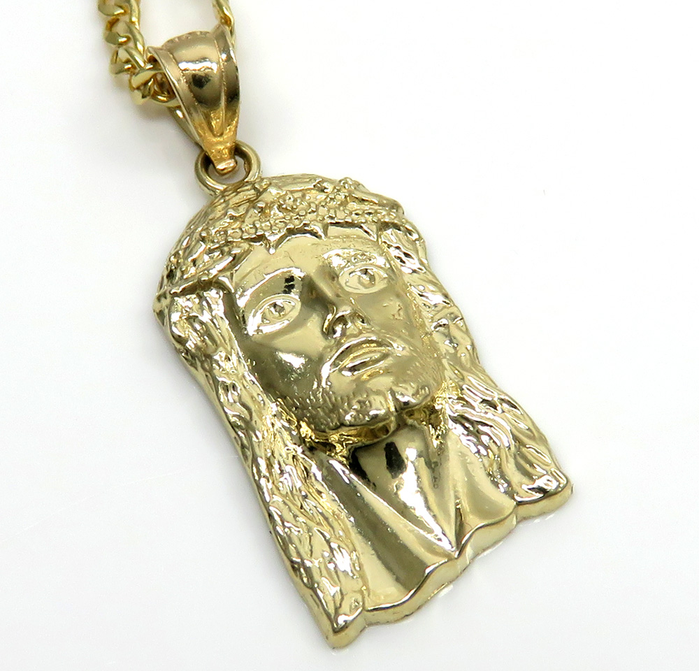 10k yellow gold small classic jesus pendant with 16-22 inch 2mm cuban chain