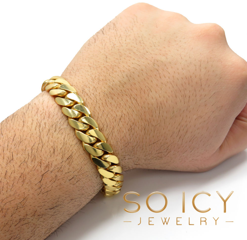 14k yellow gold solid thick miami bracelet 8.50 inches 13mm