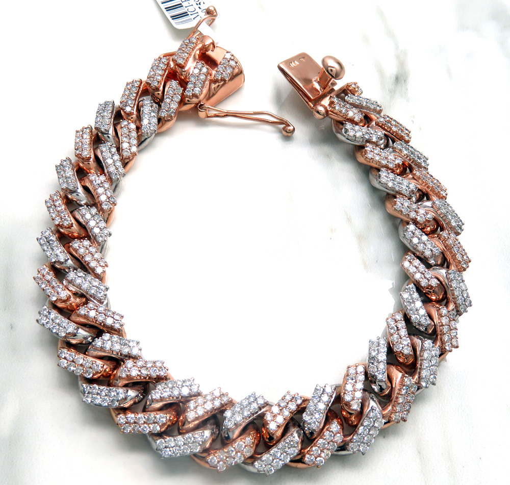 14k two tone solid white & rose gold thick diamond miami bracelet 8.50 inch 12mm 9.25ct