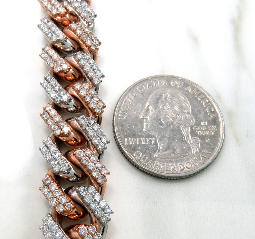 14k two tone solid white & rose gold thick diamond miami bracelet 8.50 inch 12mm 9.25ct