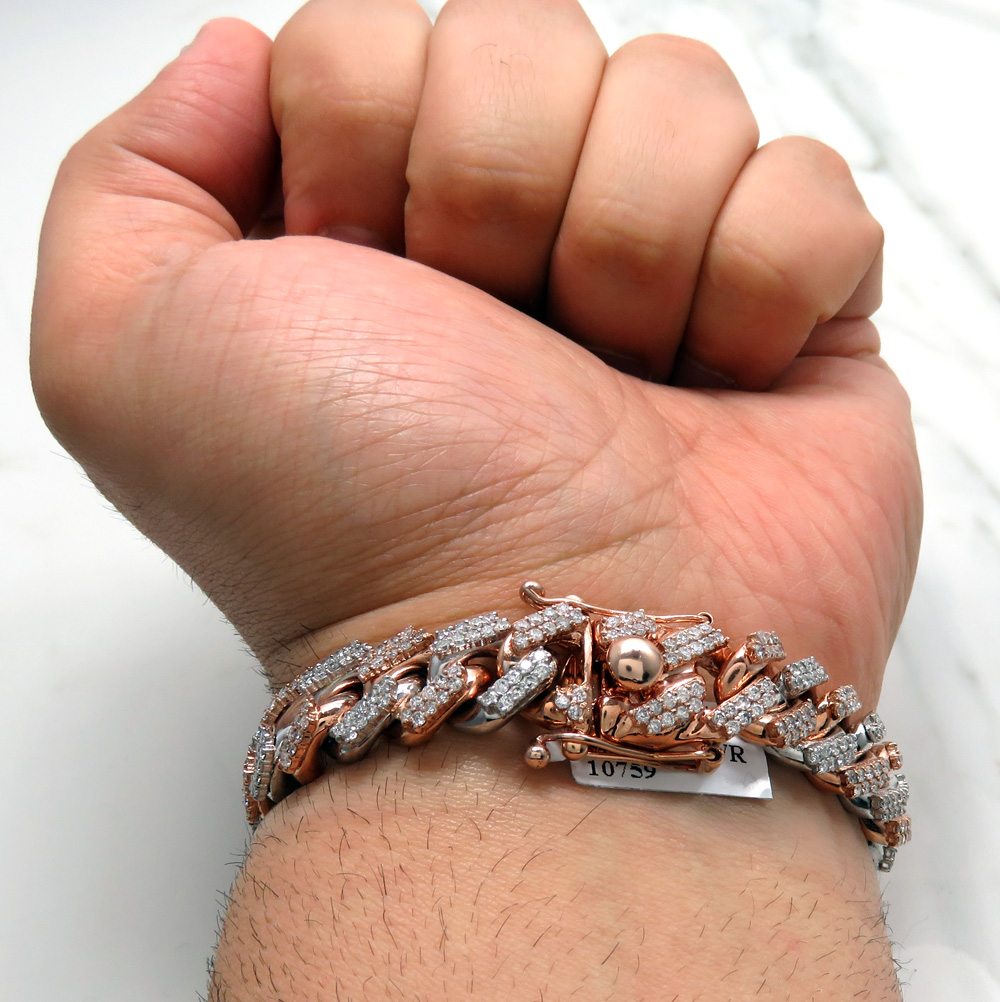 14k two tone solid white & rose gold thick diamond miami bracelet 8.50 inch 12mm 9.25ct