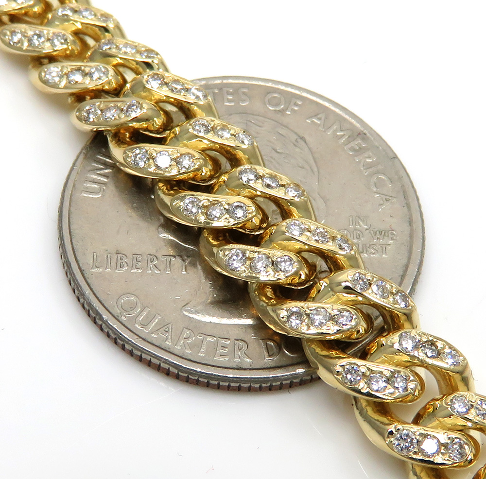 14k solid yellow gold diamond miami bracelet 8.50 inch 8mm 3.00ct