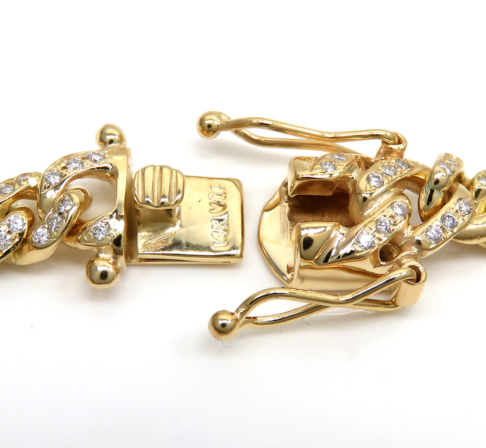 14k solid yellow gold diamond miami bracelet 8.50 inch 8mm 3.00ct