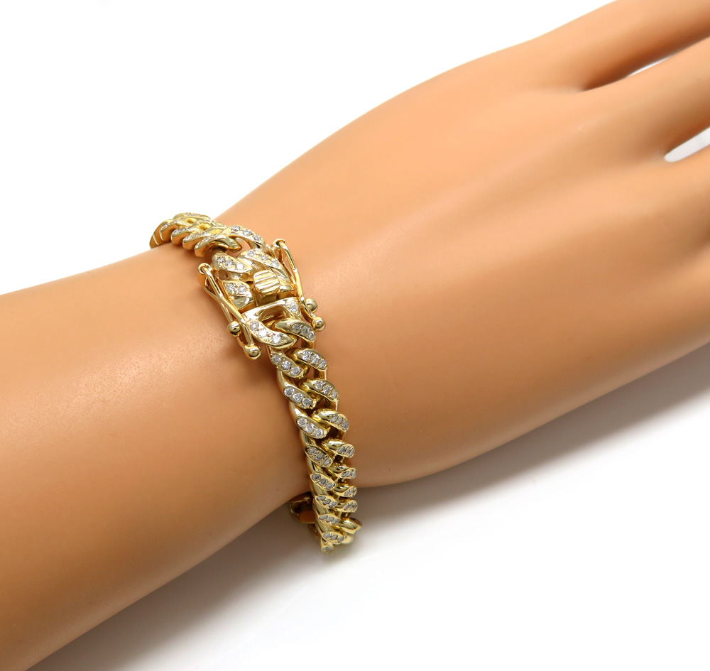 14k solid yellow gold diamond miami bracelet 8.50 inch 8mm 3.00ct