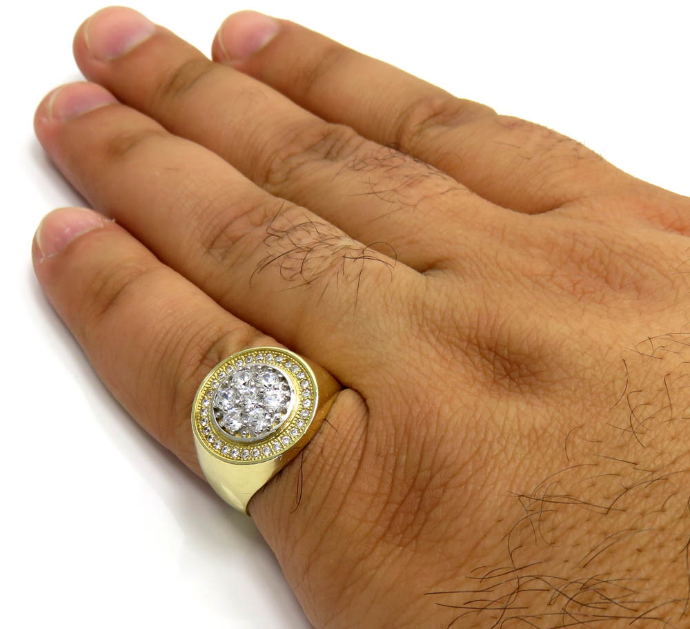 Mens 10k yellow gold cz cluster double circle ring 1.80ct