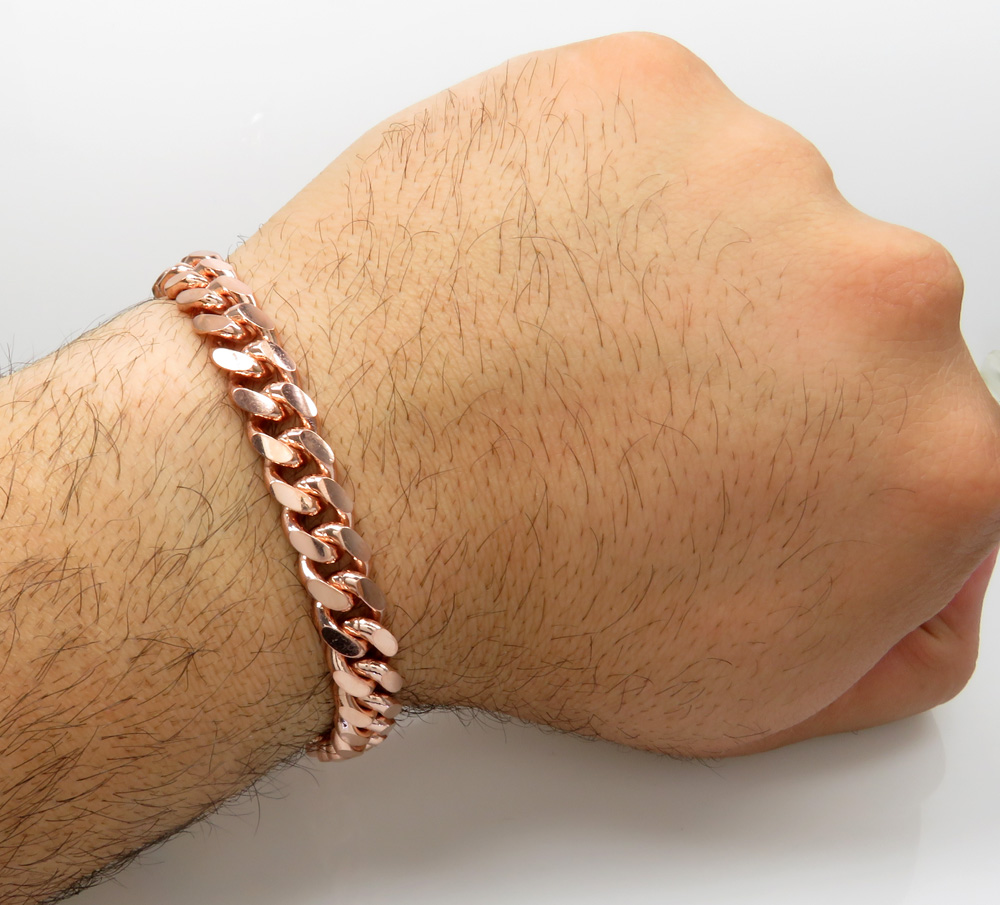 925 rose sterling silver solid miami link bracelet 8.50 inch 10mm