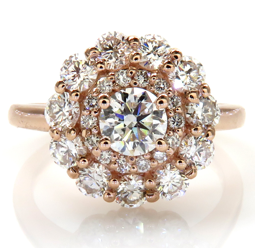 14k rose gold vs round diamond halo cluster engagement  ring 1.50ct 