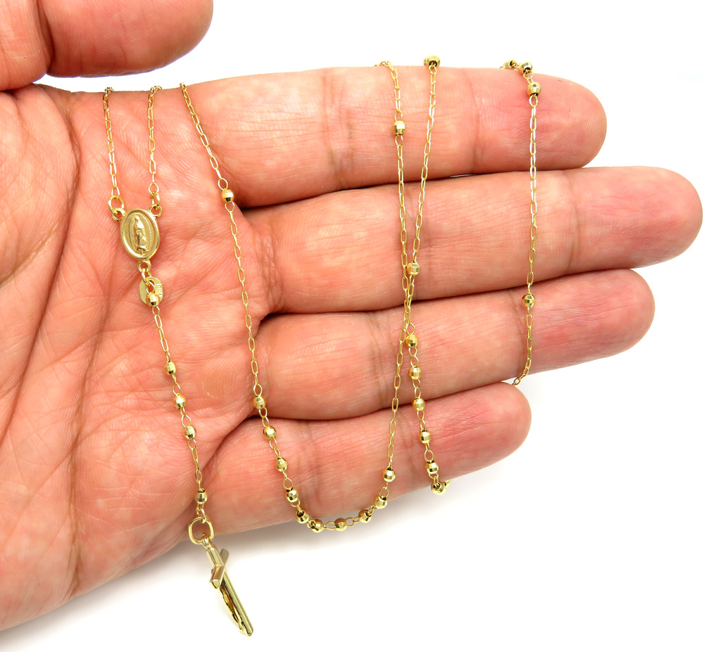 10k yellow gold diamond cut disco bead super skinny rosary chain 26 inch 2.50mm 