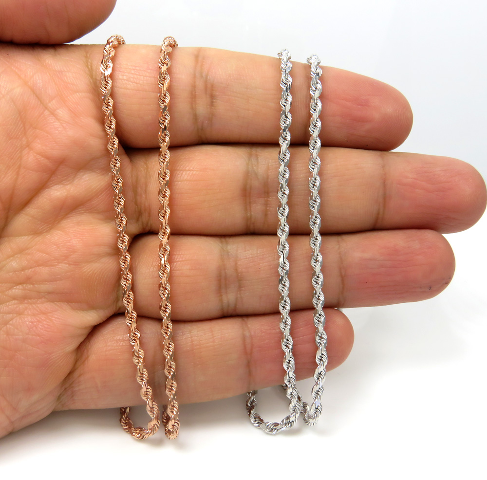 10k rose or white gold solid diamond cut rope chain 20-26 inch 2.50mm