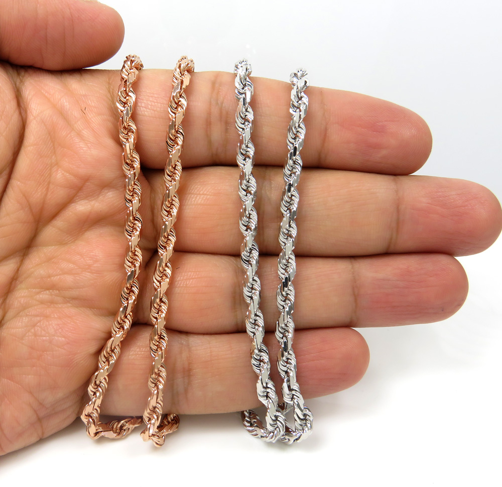 10k rose or white gold solid diamond cut rope chain 20-26 inch 4mm