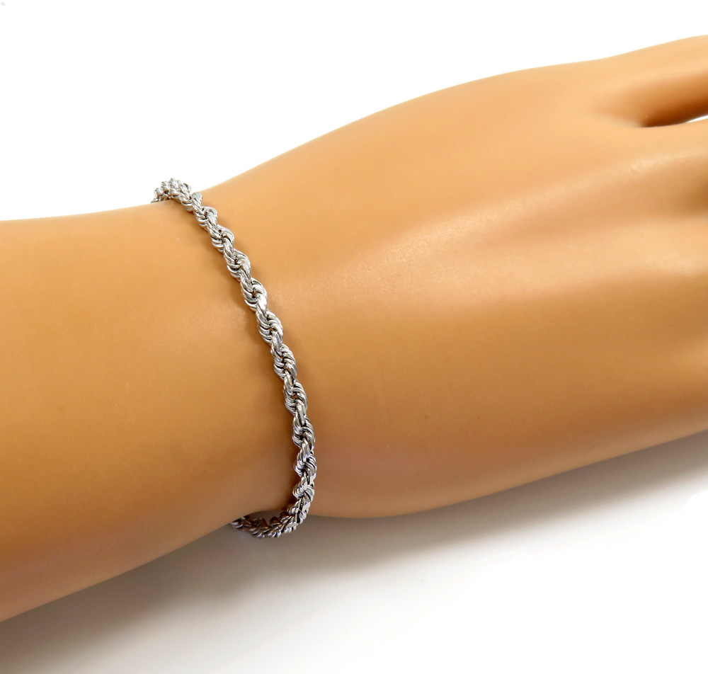 14k solid  white gold diamond cut rope bracelet 7.50 inch 3mm