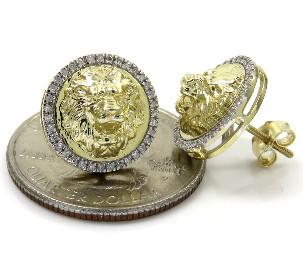 10k yellow gold lion diamond halo earrings 0.16ct 