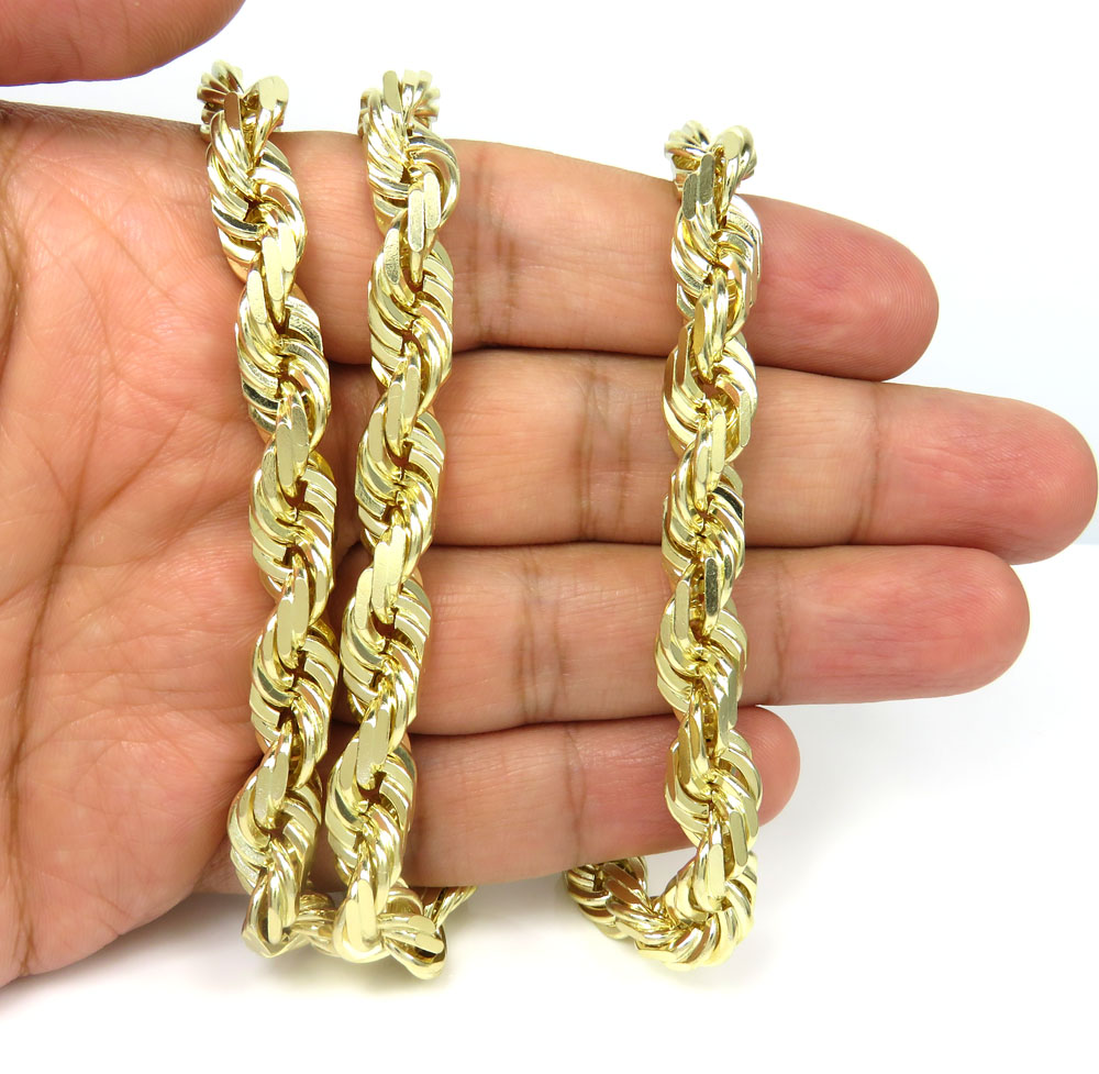 10k yellow gold solid diamond cut rope chain 22-26 inches 9mm 