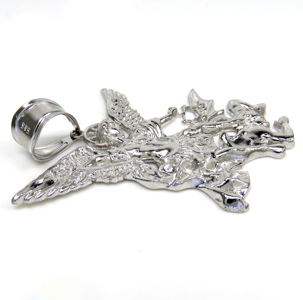 14k white gold solid back angel vs demon large pendant 