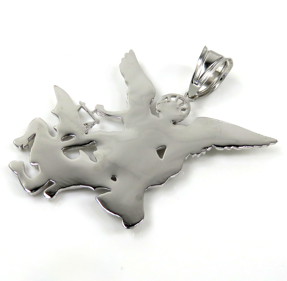 14k white gold solid back angel vs demon large pendant 