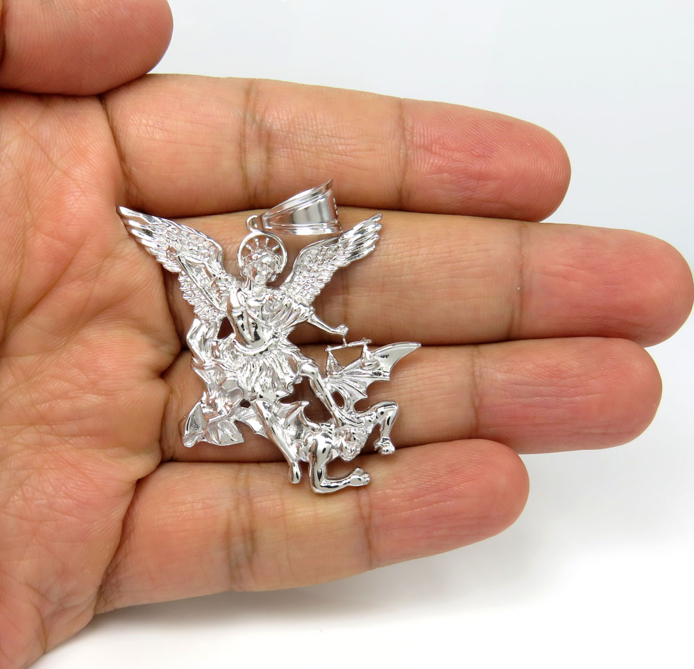 14k white gold solid back angel vs demon large pendant 