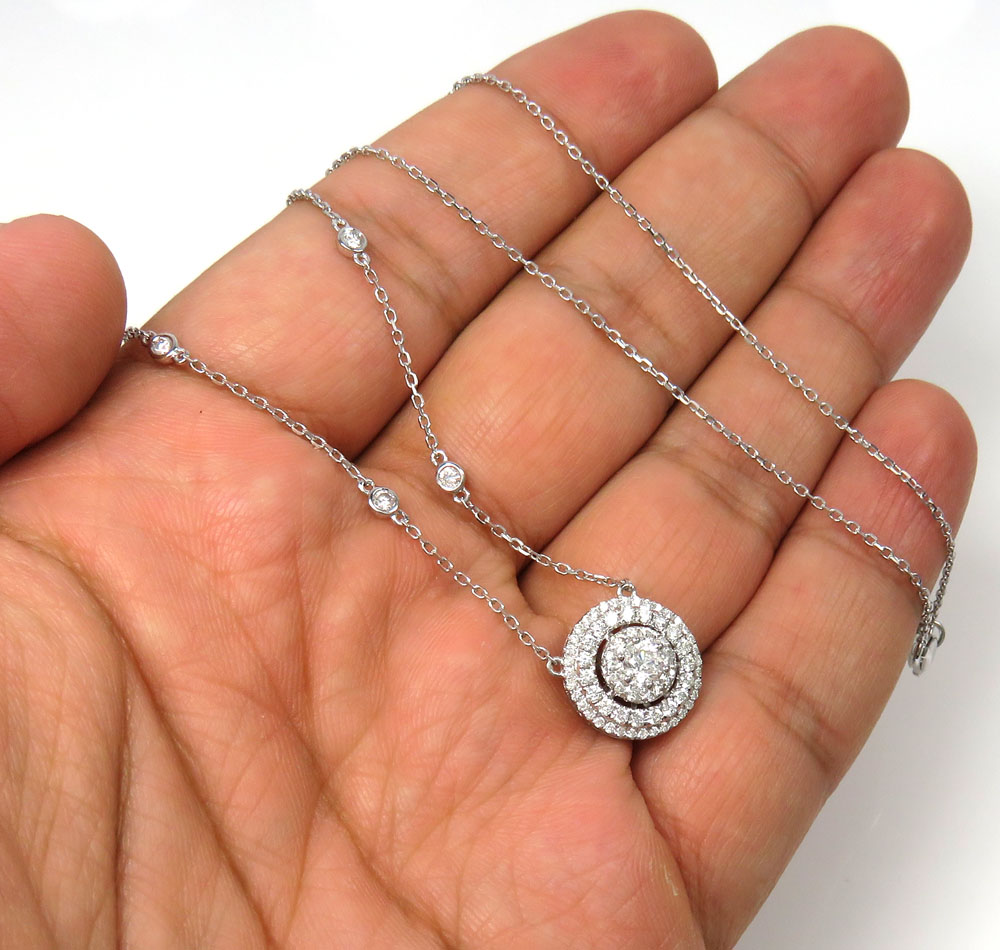 14k white gold diamond tier cluster pendant & necklace 1.16ct 