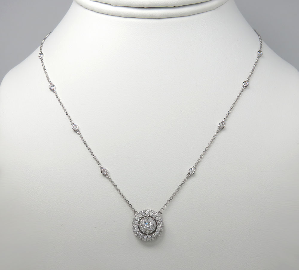 14k white gold diamond tier cluster pendant & necklace 1.16ct 