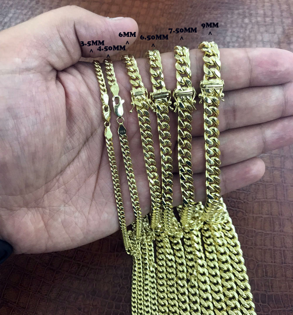 14k yellow gold hollow miami cuban link chain 18-24 inches 7.50mm