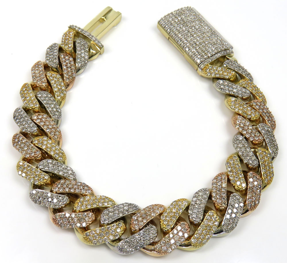 10k tri color solid gold thick diamond miami bracelet 8.50