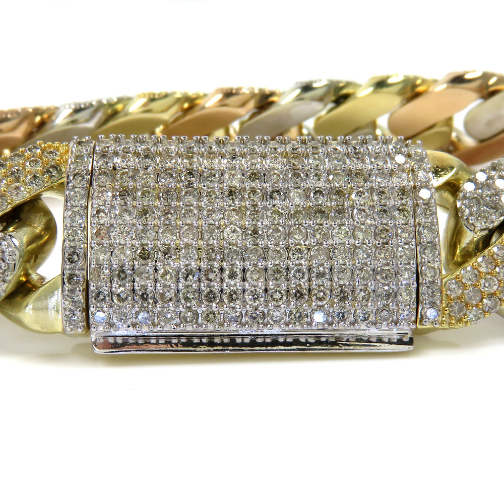 10k tri color solid gold thick diamond miami bracelet 8.50