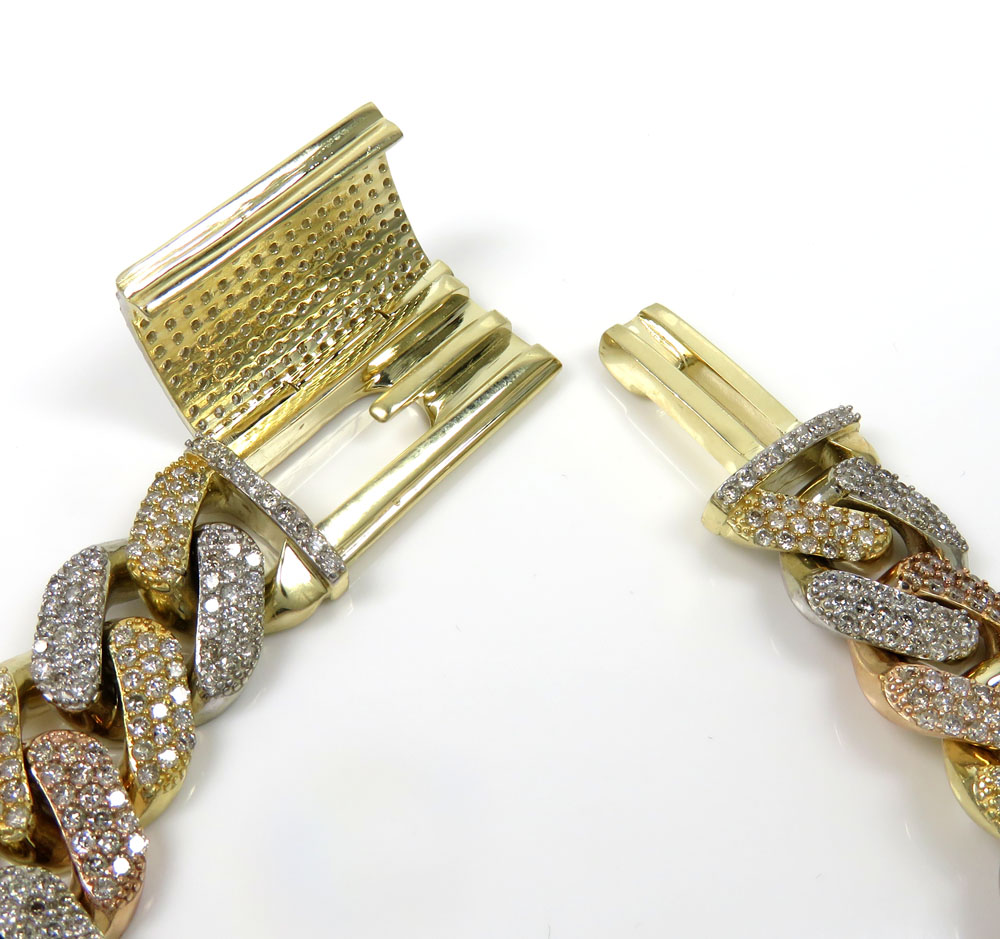 10k tri color solid gold thick diamond miami bracelet 8.50