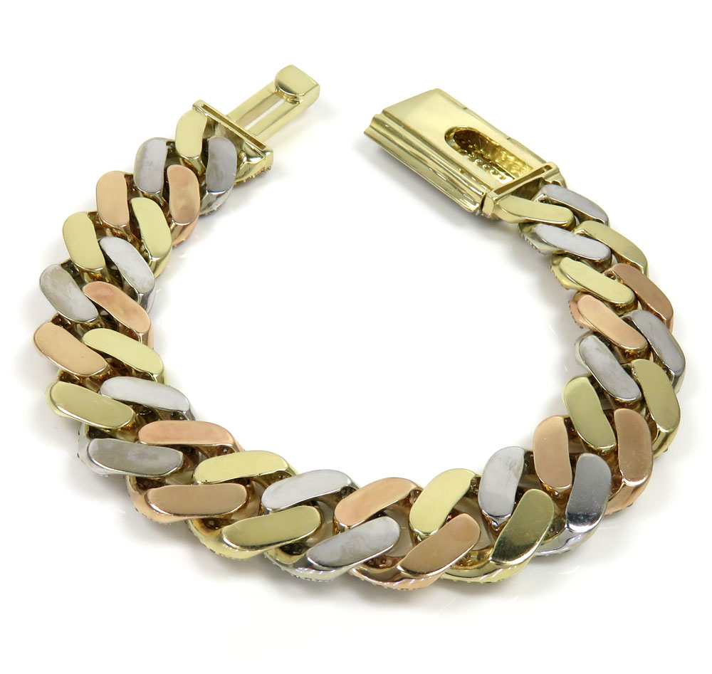 10k tri color solid gold thick diamond miami bracelet 8.50