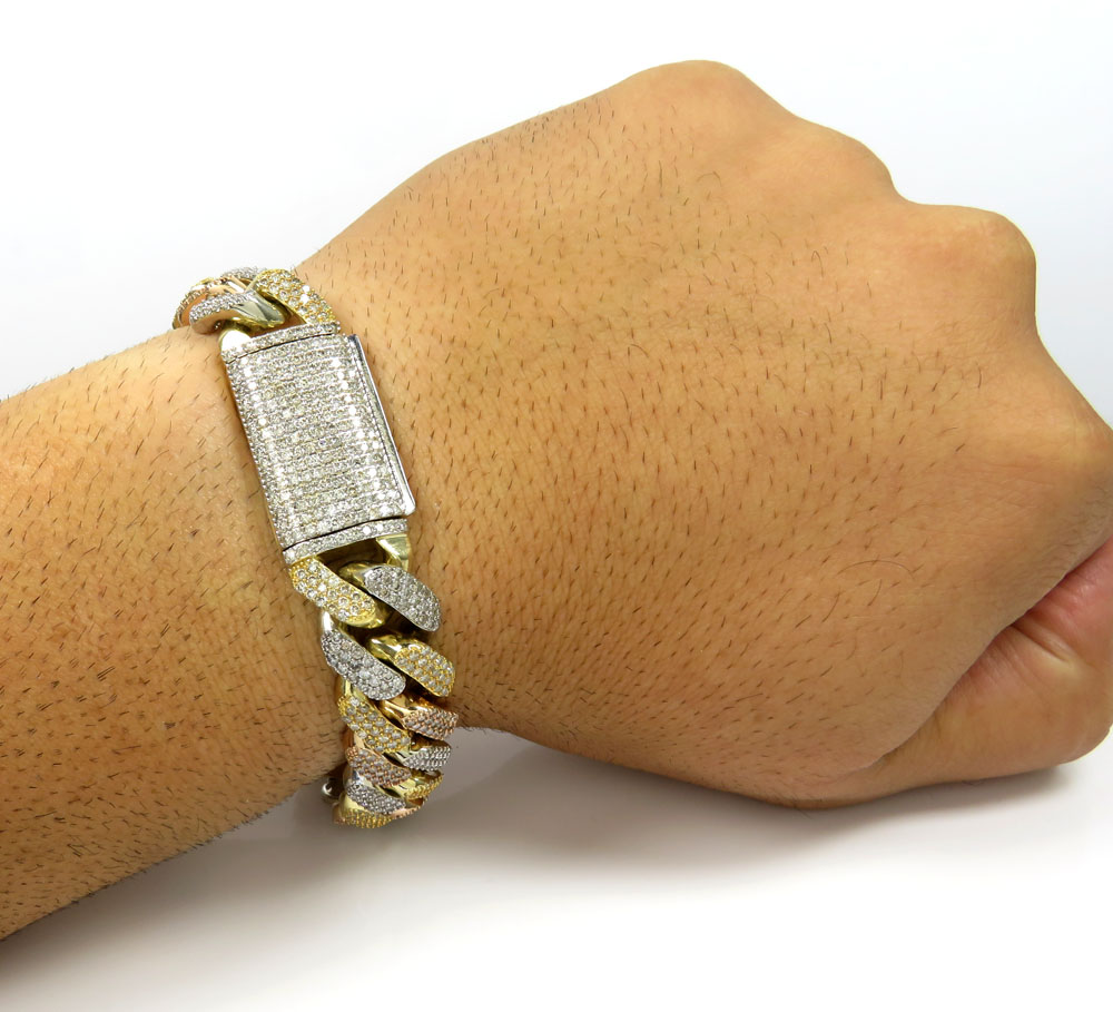 10k tri color solid gold thick diamond miami bracelet 8.50