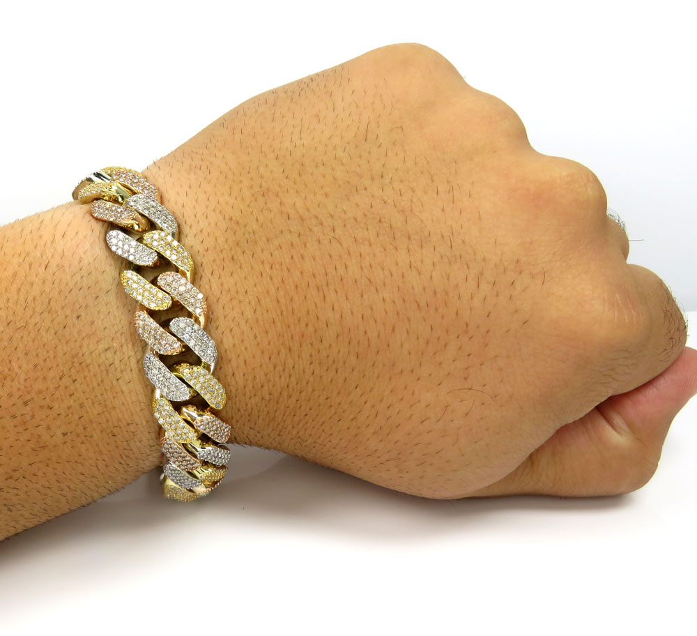 10k tri color solid gold thick diamond miami bracelet 8.50