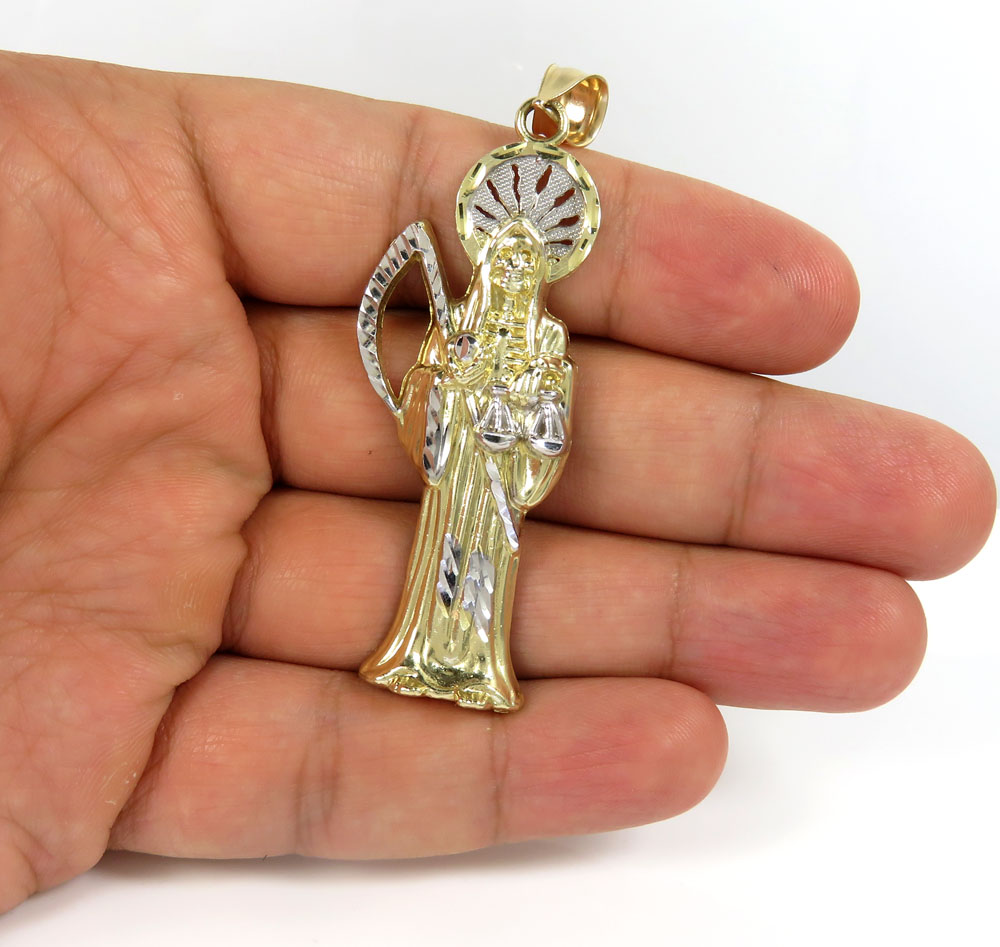 10k two tone gold halo large grim reaper pendant 