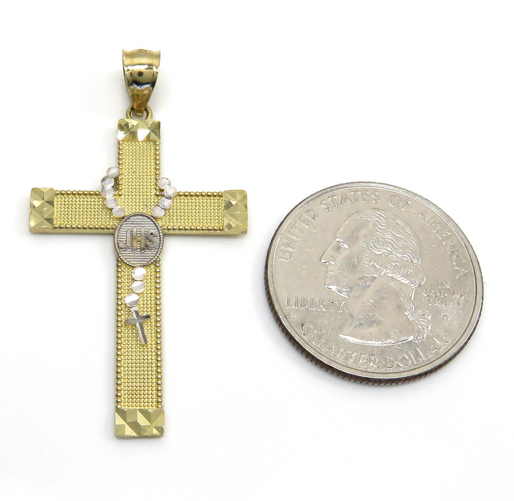 14k two tone large rosary jhs cross 