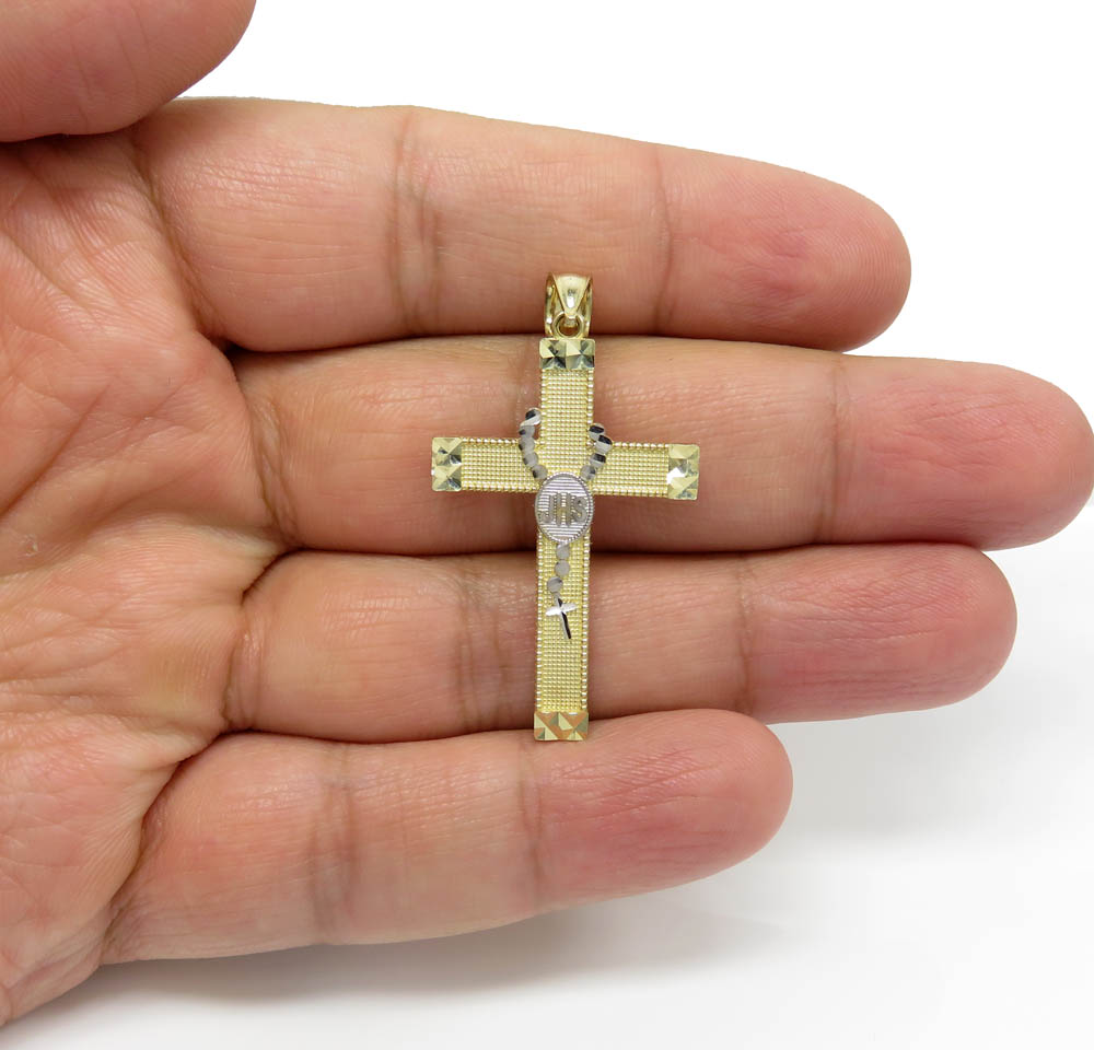 14k two tone large rosary jhs cross 