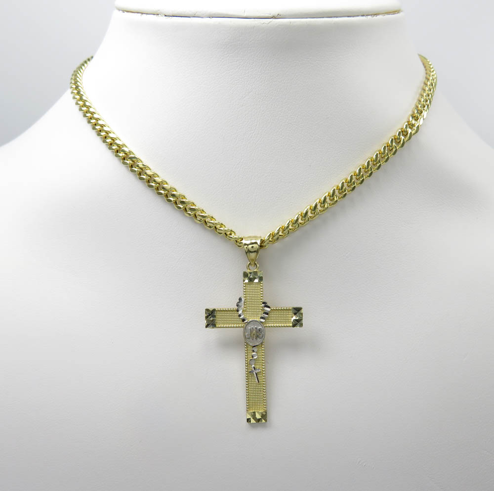 14k two tone large rosary jhs cross 