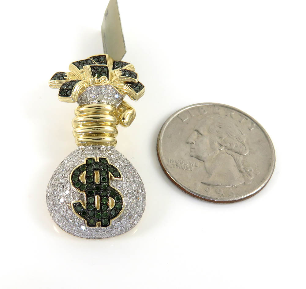 10k yellow gold green & white diamond money bag pendant 1.26ct