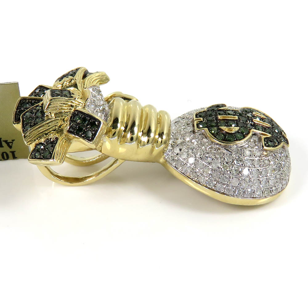 10k yellow gold green & white diamond money bag pendant 1.26ct
