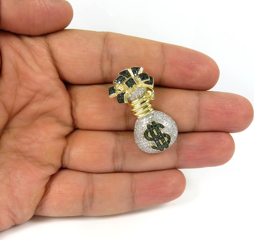 10k yellow gold green & white diamond money bag pendant 1.26ct