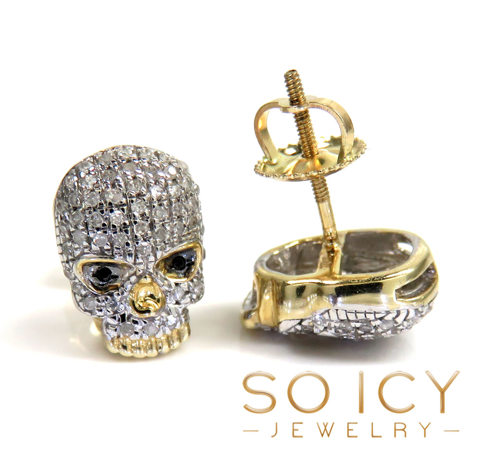 10k yellow gold black & white diamond skull earrings 0.23ct - Image 2