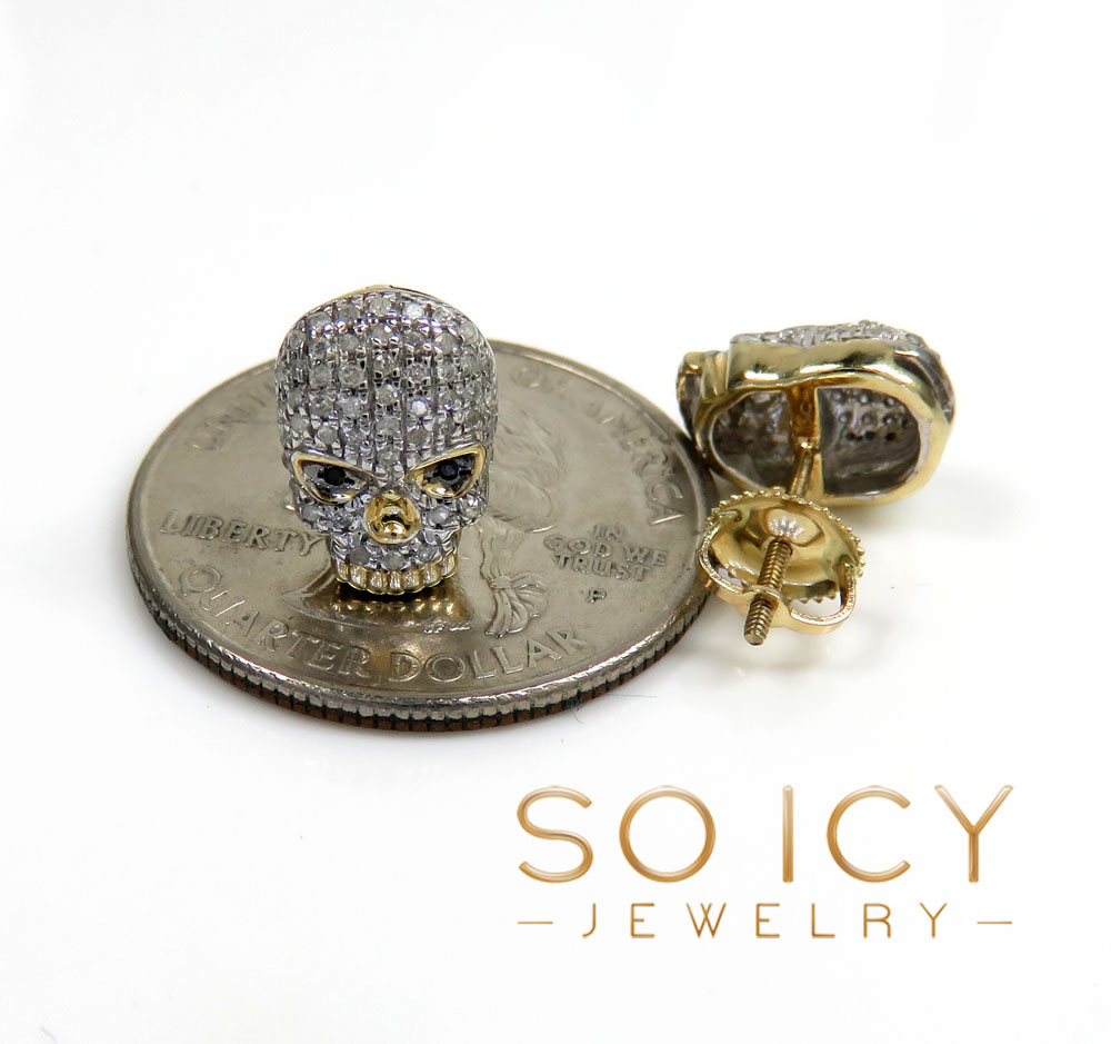 10k yellow gold black & white diamond skull earrings 0.23ct - Image 3