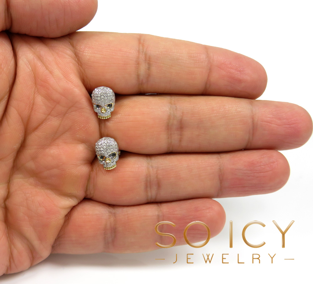 10k yellow gold black & white diamond skull earrings 0.23ct - Image 4