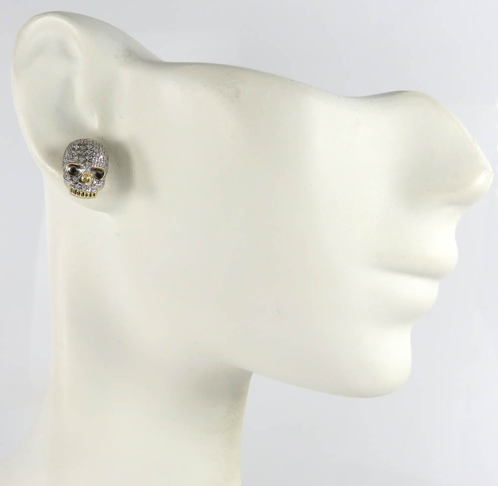 10k yellow gold black & white diamond skull earrings 0.23ct - Image 5