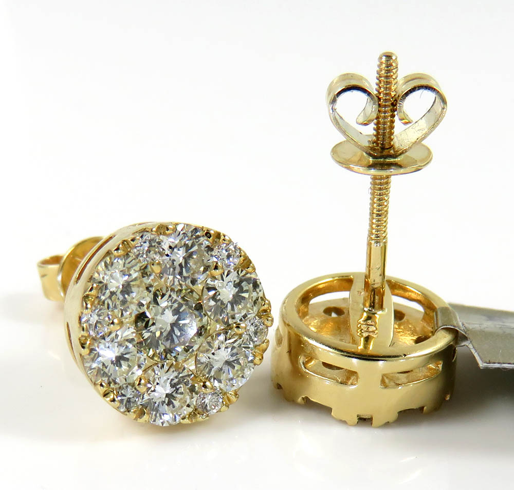 10k yellow gold round frame 26 diamond cluster 9mm earrings 1.55ct