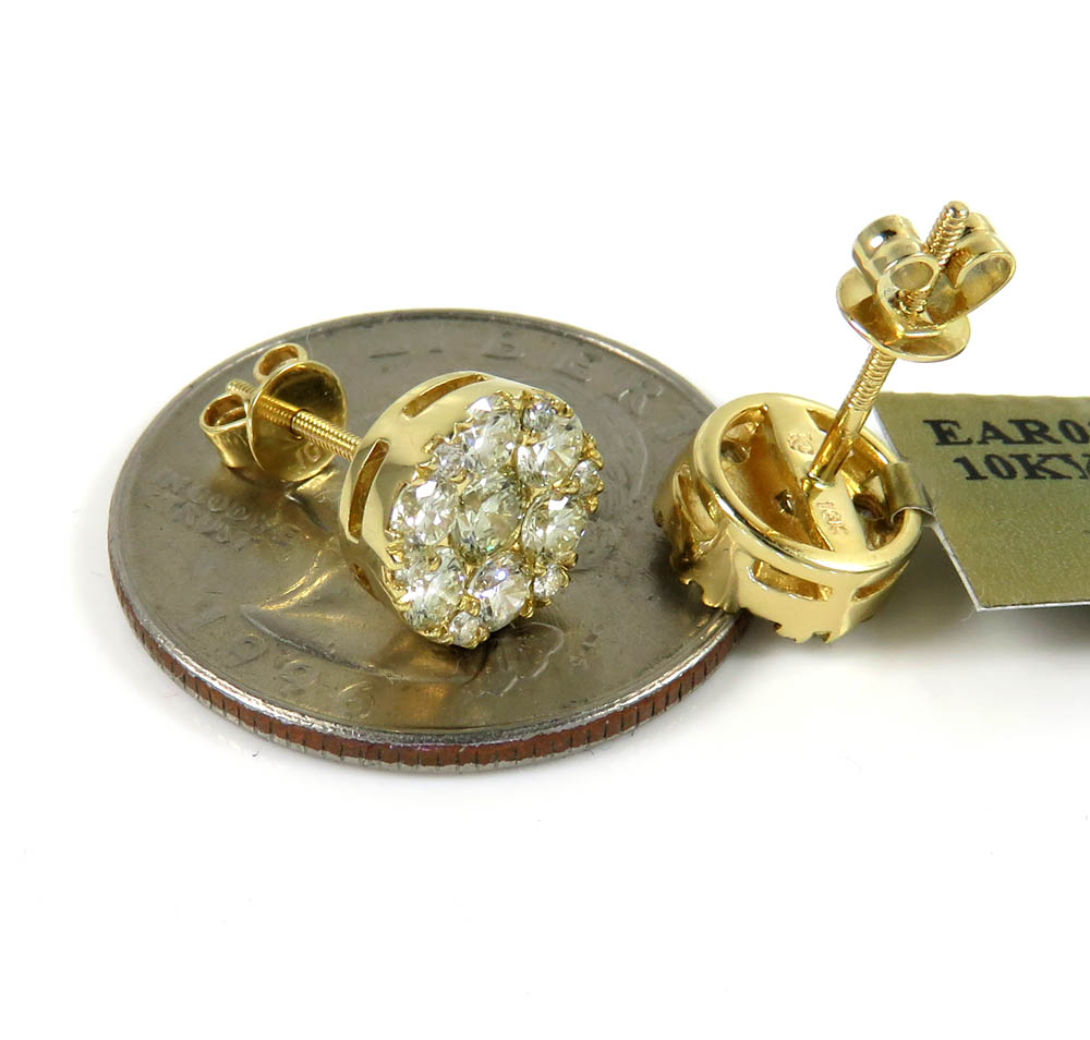 10k yellow gold round frame 26 diamond cluster 9mm earrings 1.55ct