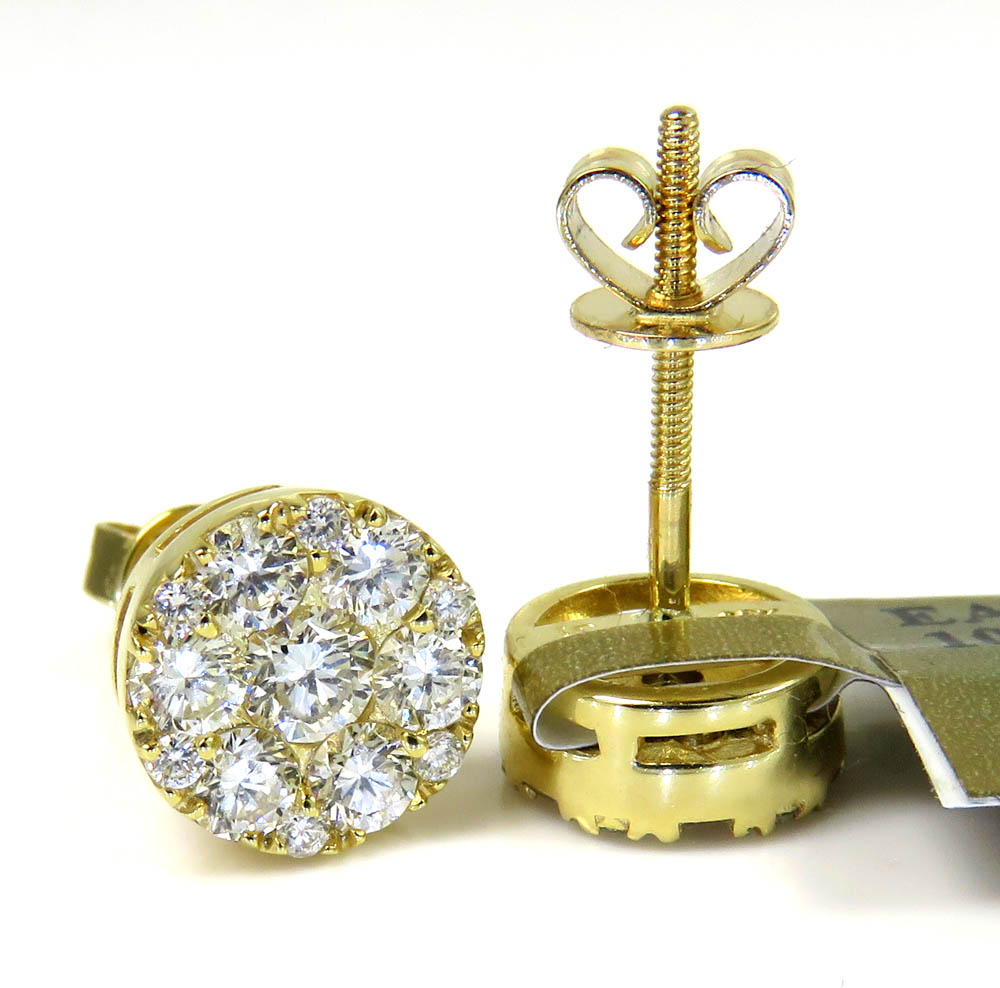 10k yellow gold round frame 26 diamond cluster 8mm earrings 1.10ct - Image 2