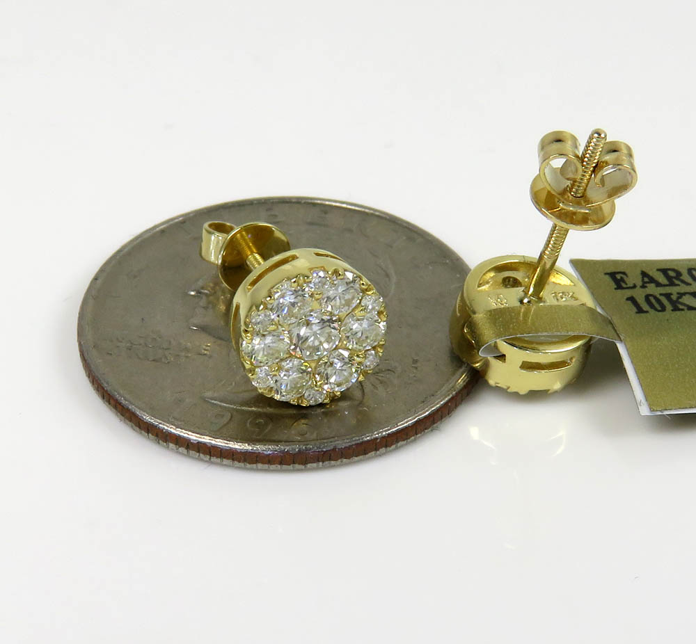 10k yellow gold round frame 26 diamond cluster 8mm earrings 1.10ct
