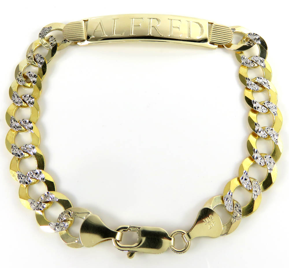 10k two tone diamond cut id bracelet 9 inch 10mm 